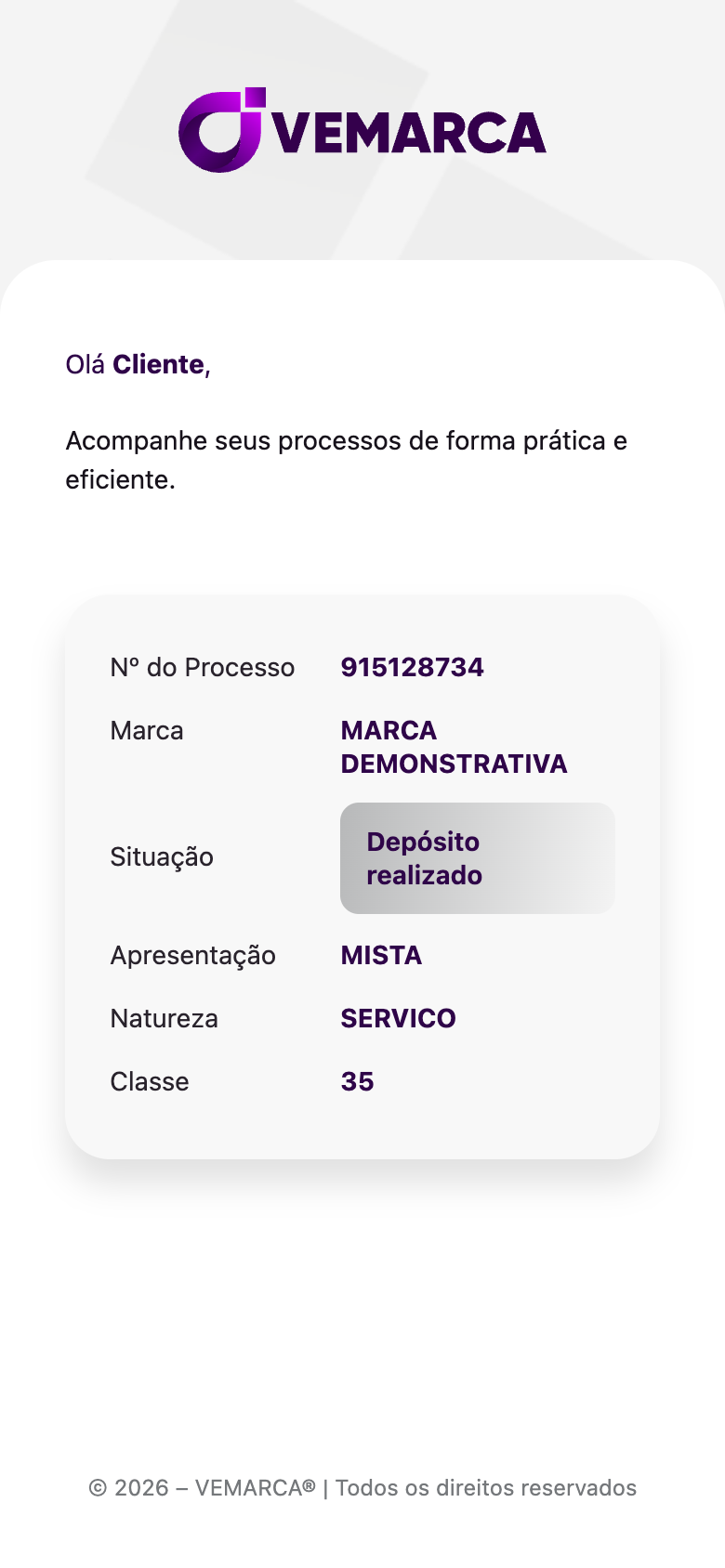 Tela inicial de processos no aplicativo Vemarca com dados demonstrativos