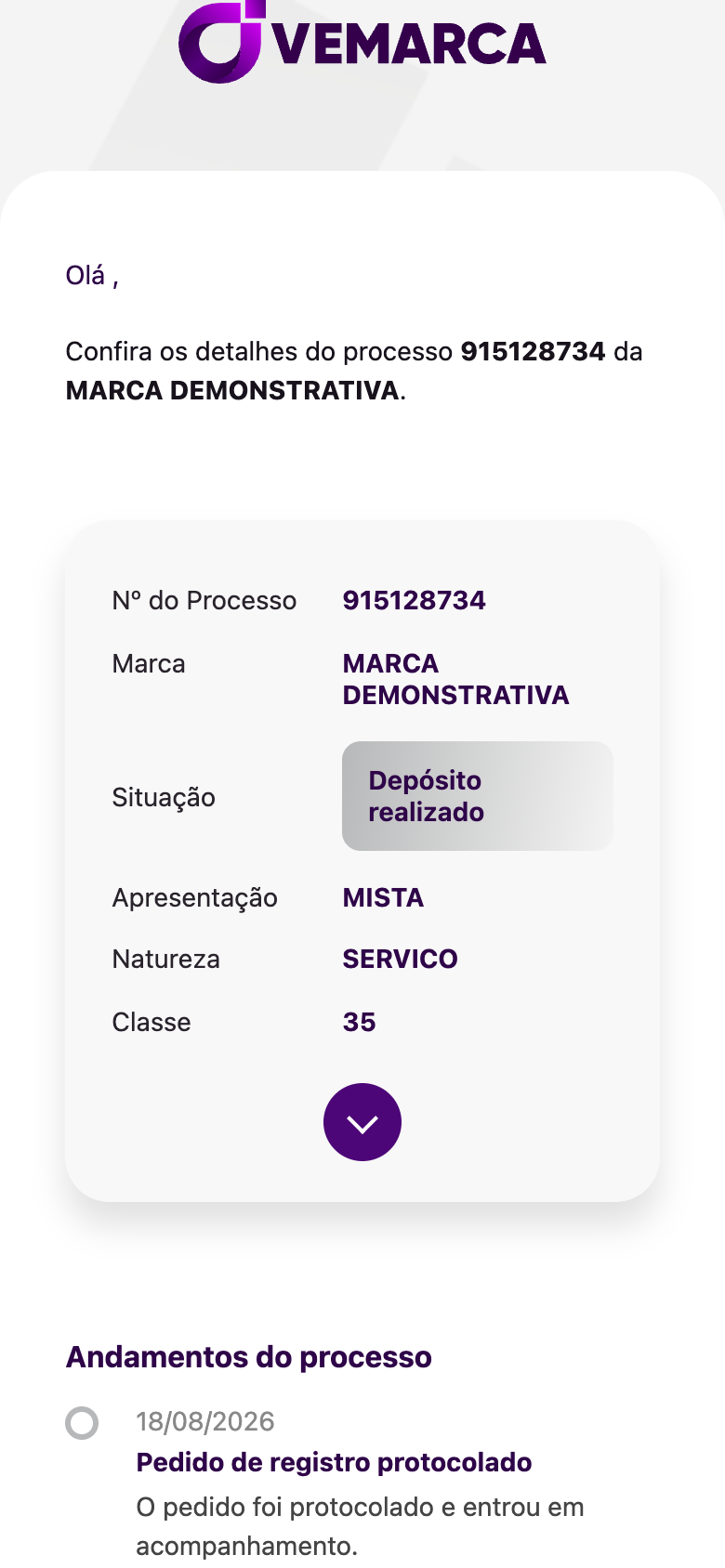 Tela interna focada nos andamentos de um processo no aplicativo Vemarca com dados demonstrativos