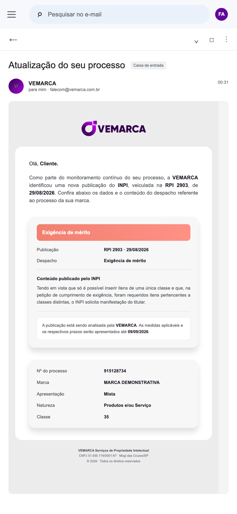 E-mail de acompanhamento processual da Vemarca aberto no Gmail