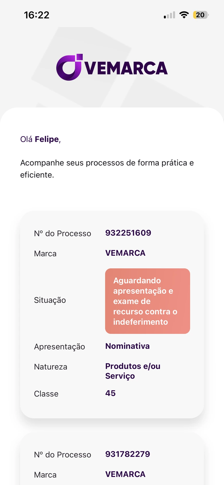 Lista de processos da VEMARCA