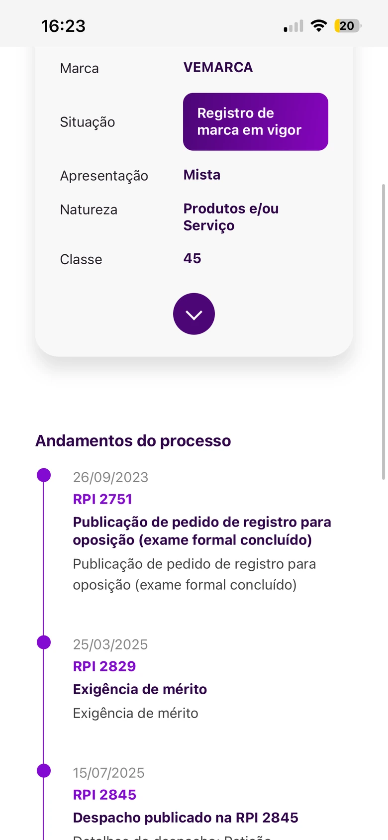 Andamentos de um processo da marca VEMARCA
