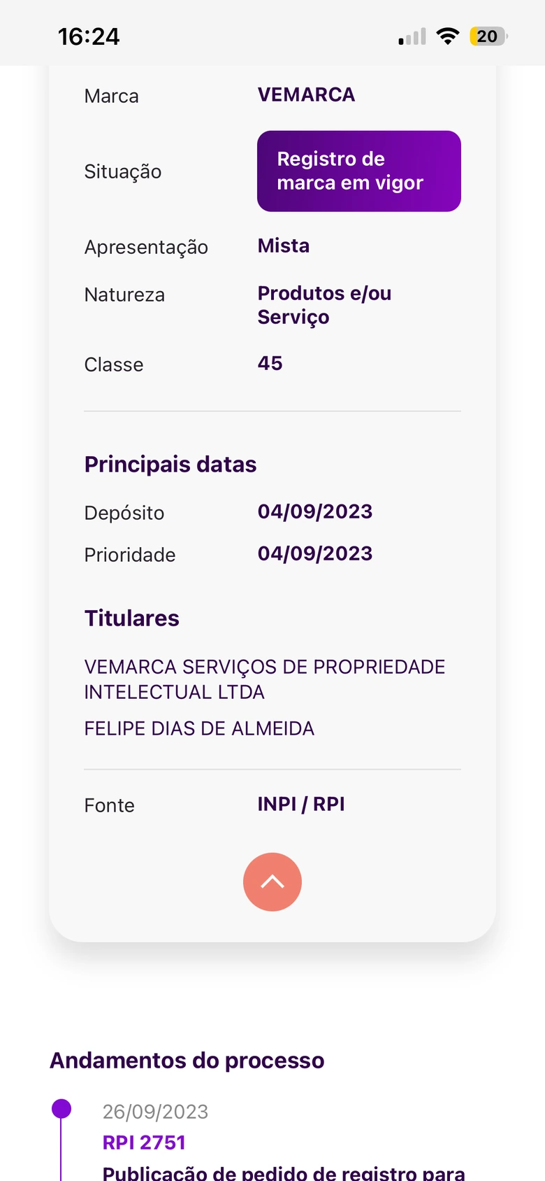 Dados e andamentos de um processo da marca VEMARCA