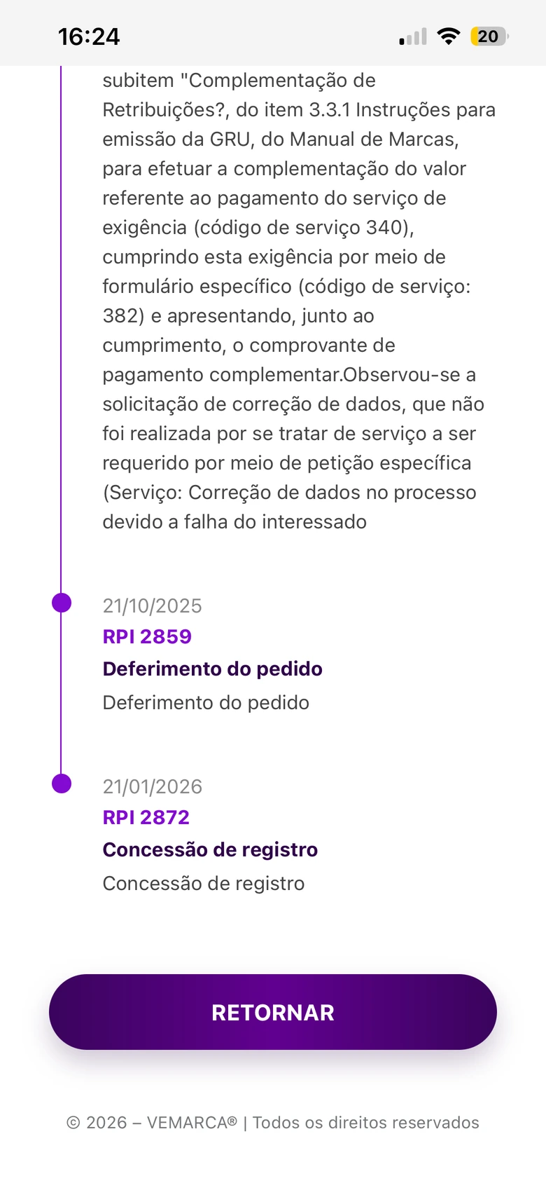 Conclusão dos andamentos de um processo da marca VEMARCA