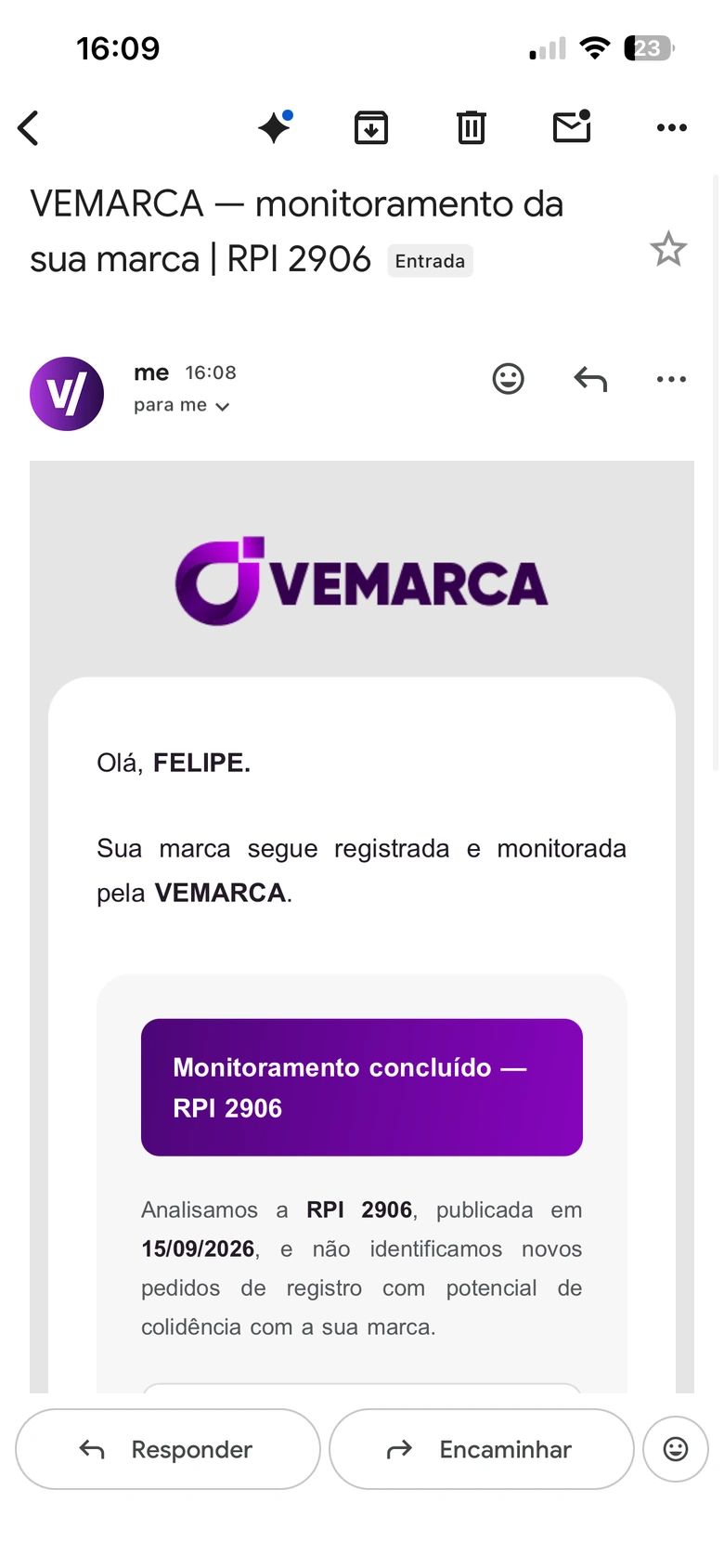 E-mail de monitoramento da marca VEMARCA no Gmail para celular