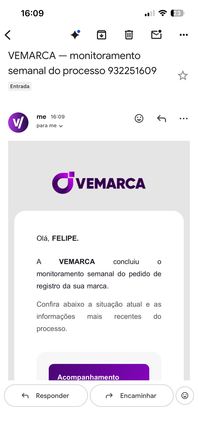 E-mail de atualização processual da VEMARCA no Gmail para celular