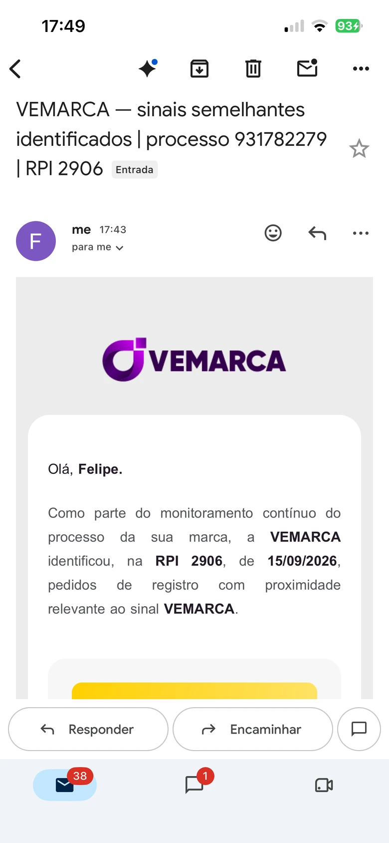 E-mail de sinais semelhantes da VEMARCA no Gmail para celular