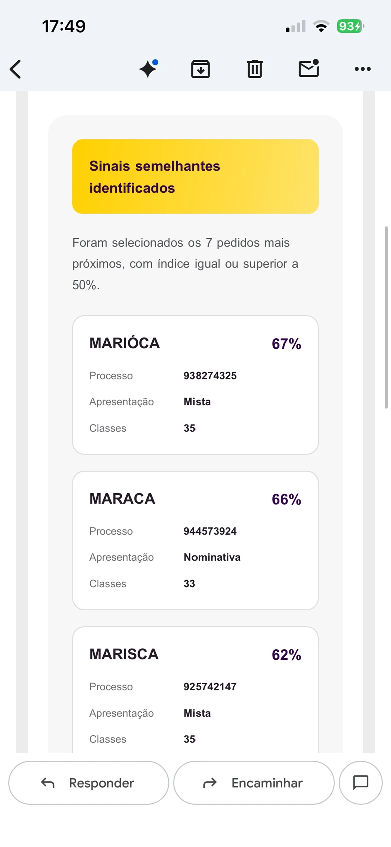 Primeira parte da lista de sinais semelhantes no Gmail para celular