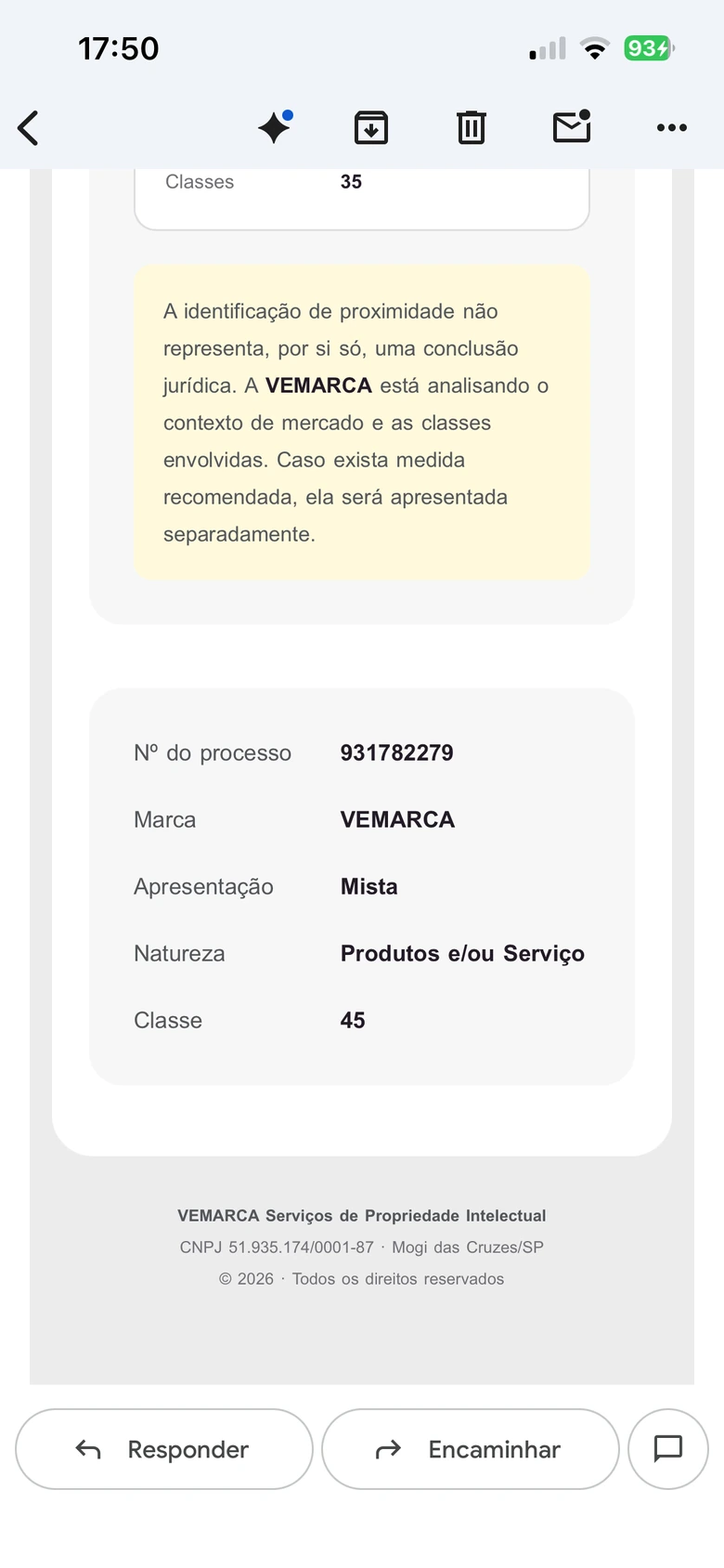 Resumo do processo da marca VEMARCA no Gmail para celular